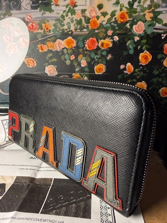 Prada Other - Prada Black Saffiano Leather Zip Wallet with Multicolor Letter Patches w/coa